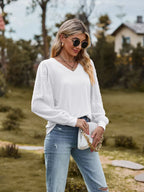 Swiss Dot V-neck Long Sleeve Blouse (5)