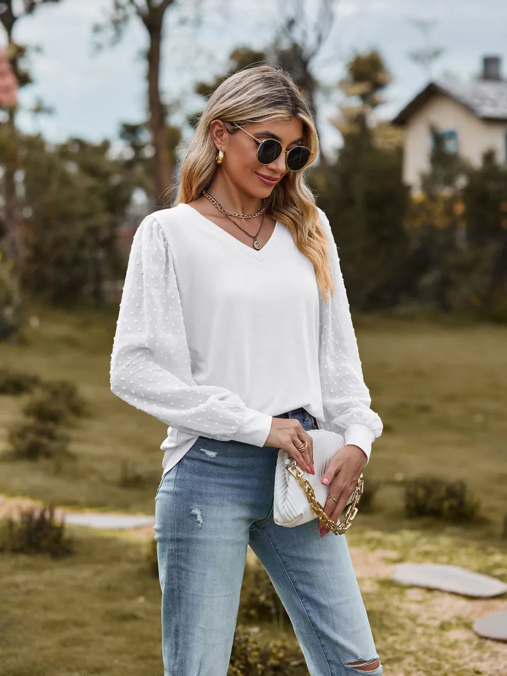 Swiss Dot V-neck Long Sleeve Blouse (5)