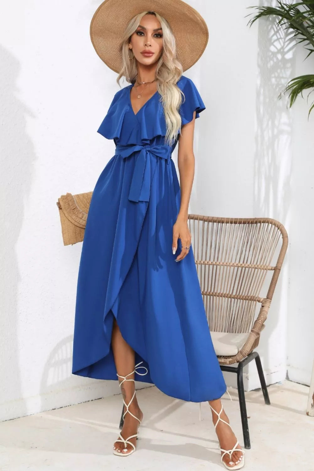 Ruffled Tied V-neck Midi Dress