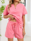 Notched Short Sleeve Top Shorts Set