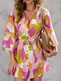 Block Drawstring Waist Button Up Dress