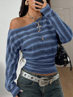Off-shoulder Striped Cropped Knit Top