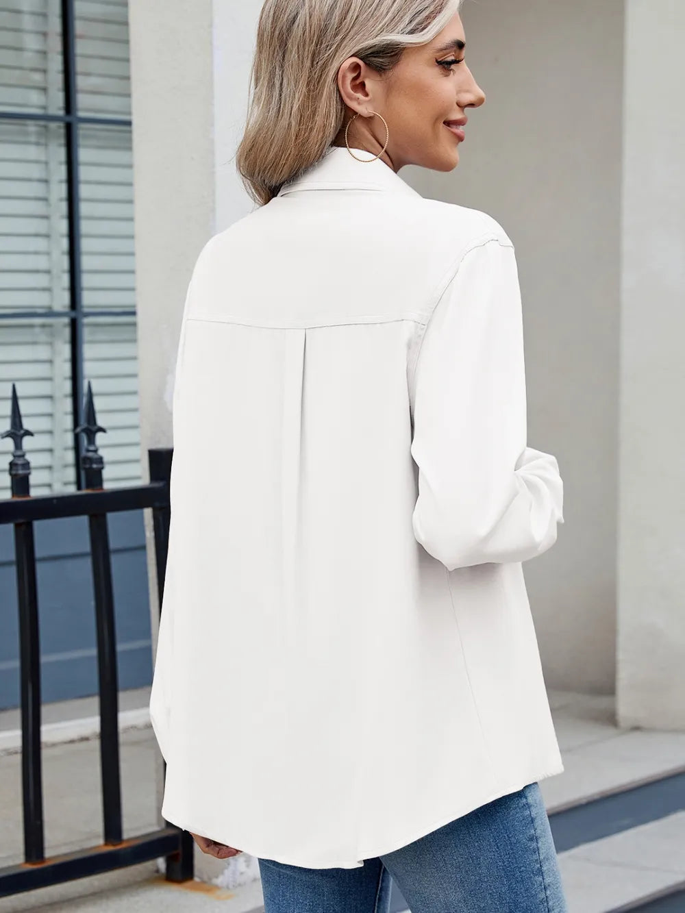 Solid Color Collared Neck Long Sleeve Shirt (15)
