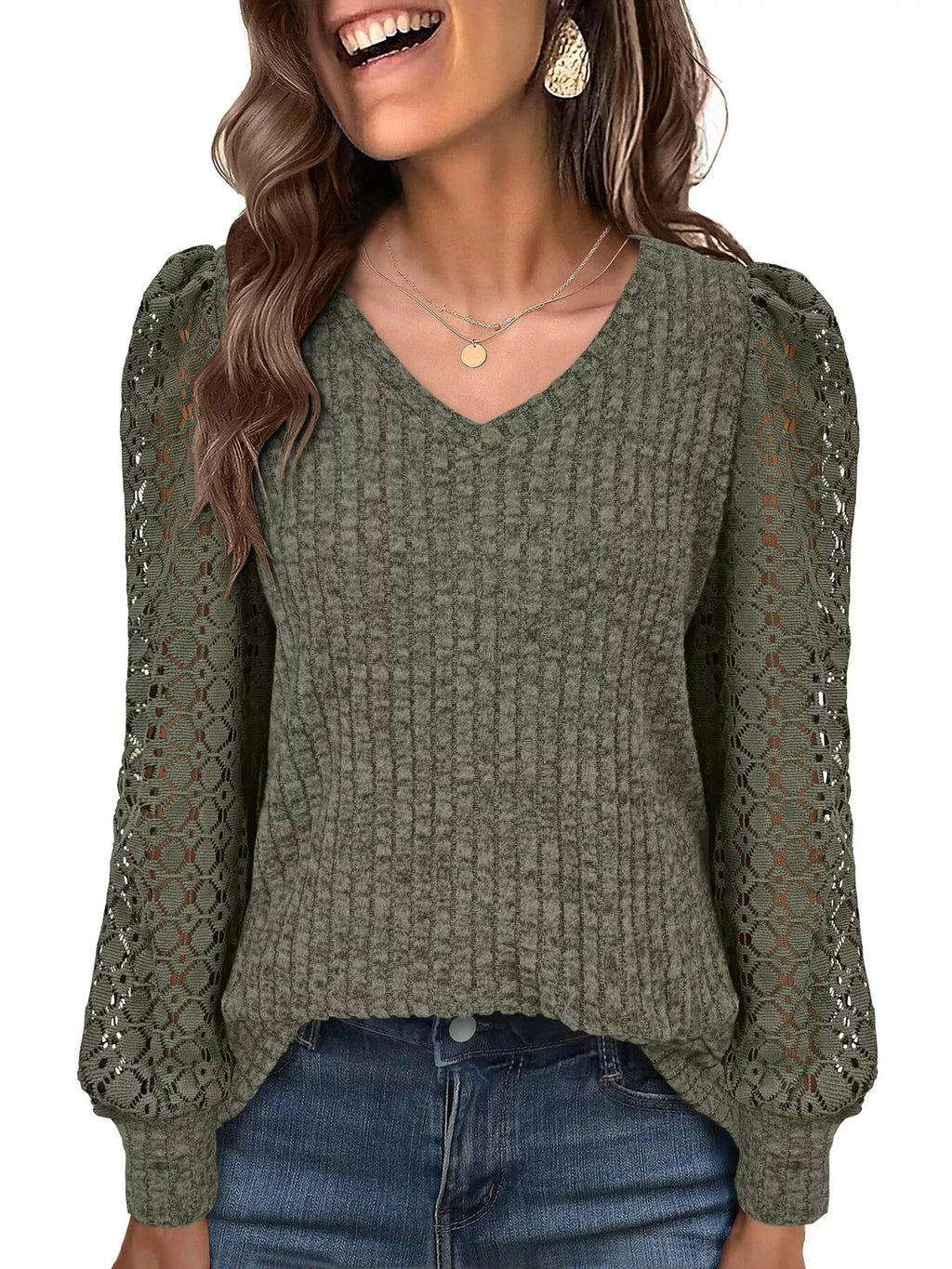 Lace Sleeve V-neck T-shirt (25)