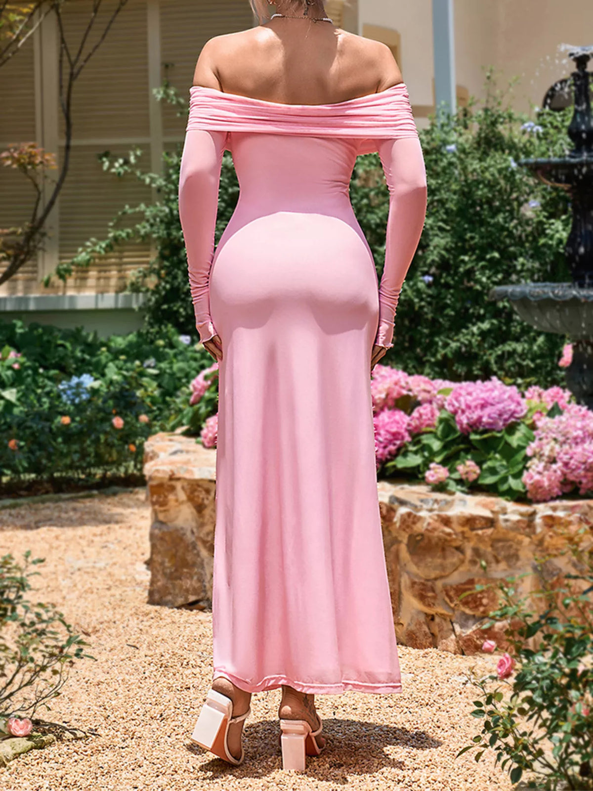 Off-shoulder Ruched Long Sleeve Maxi Dress (4)