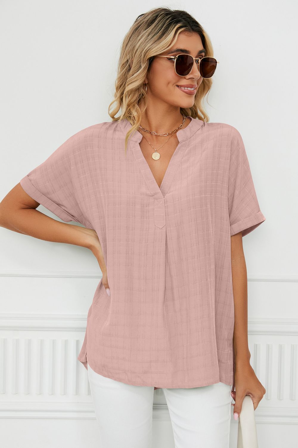 Side Slit Notched Neck Cuffed Short Sleeve Blouse (3)