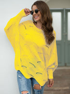 Full Size Boat Neck Lantern Sleeve Openwork Knit Top (6)