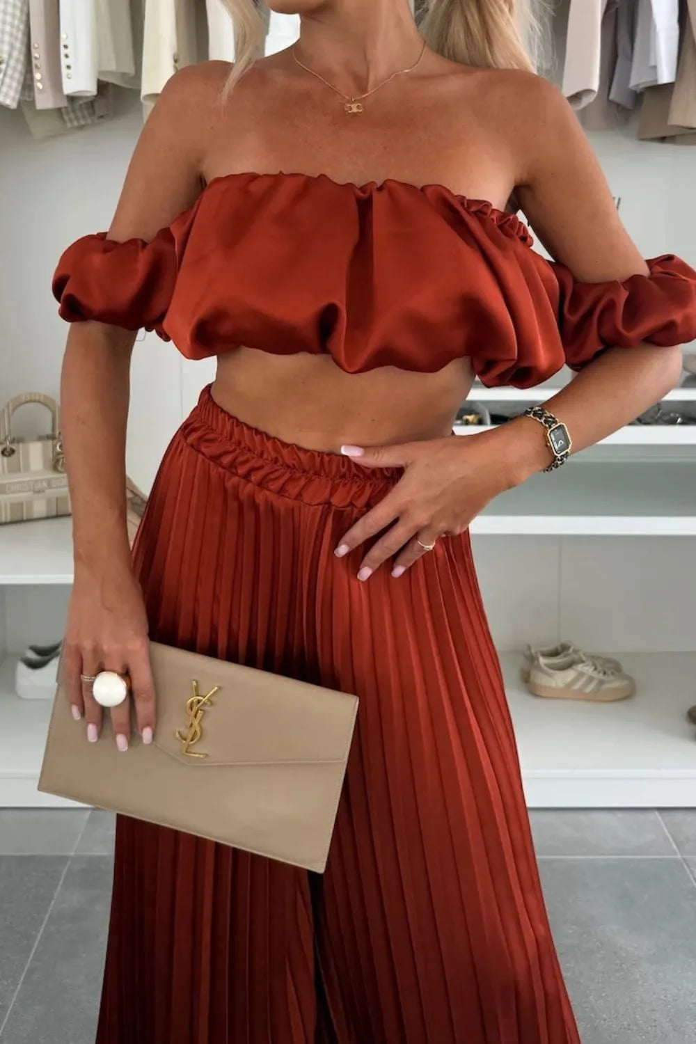 Off-shoulder Top Pleated Pants Set (18)