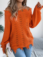 Distressed Hem Openwork Off-shoulder Sweater (6)