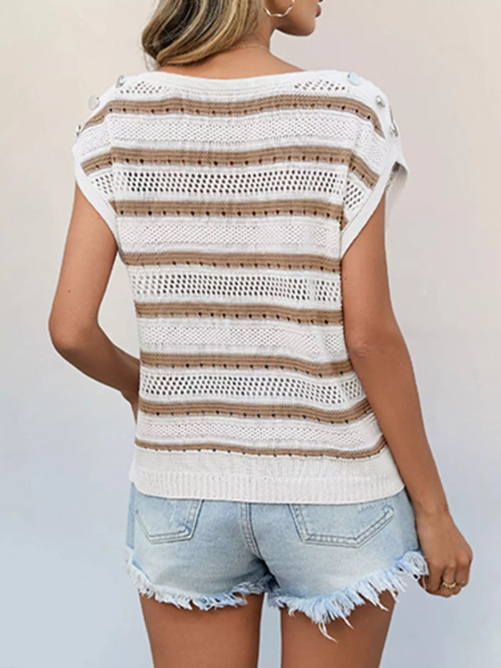 Openwork Round Neck Cap Sleeve Knit Top (3)