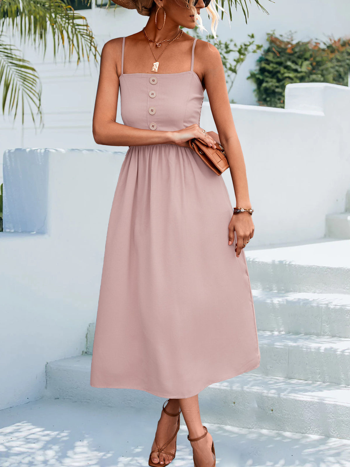 Decorative Button Spaghetti Strap Midi Dress (20)