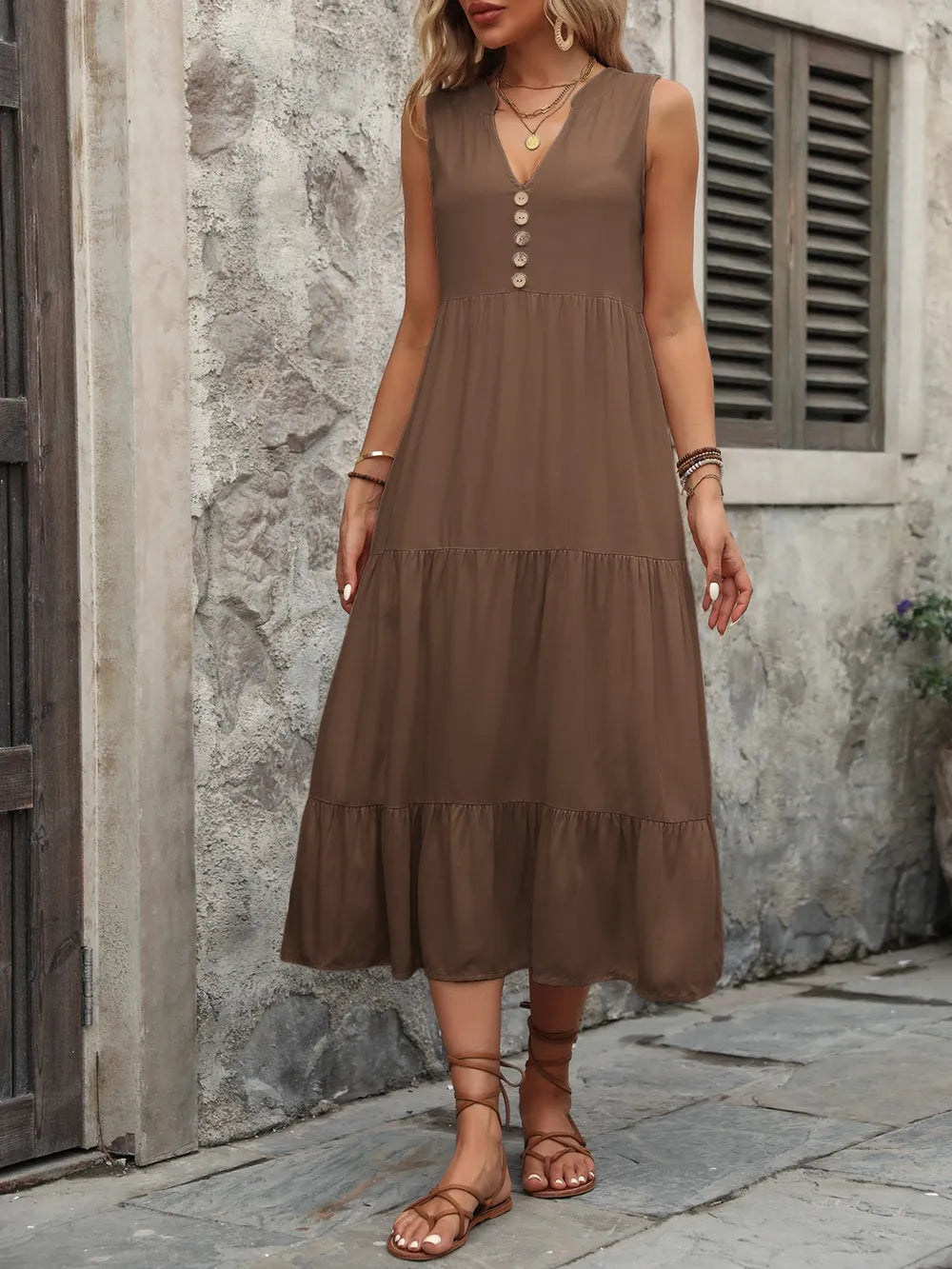 Decorative Button Notched Sleeveless Dress (20)