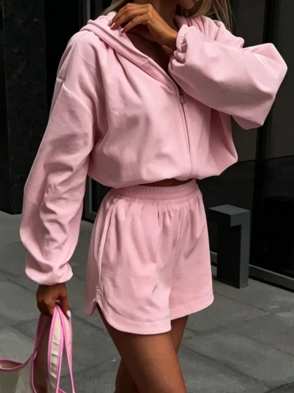 Long Sleeve Zip-up Hoodie Shorts Set (9)