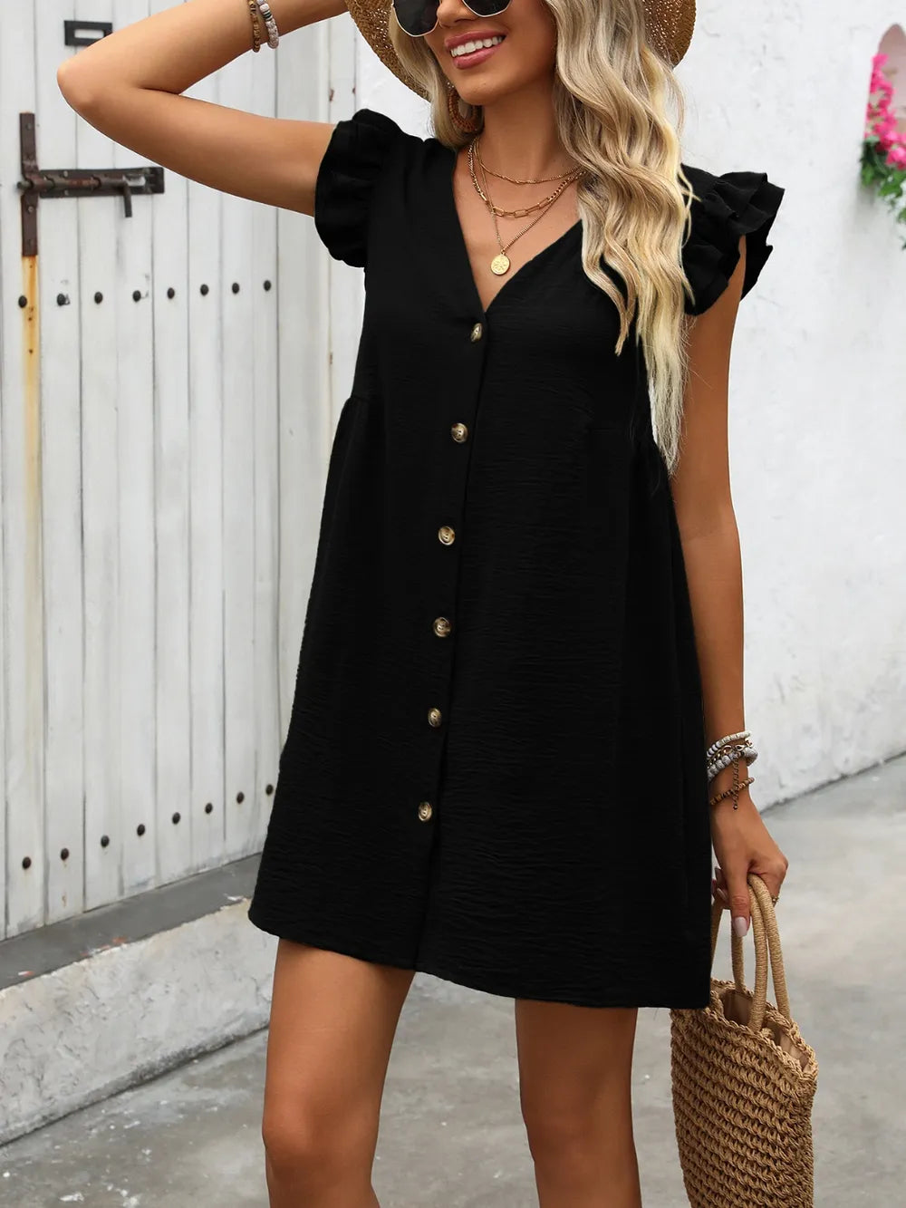 Button Up V-neck Cap Sleeve Mini Dress (14)