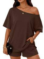 One-shoulder Short Sleeve Top Shorts Set (11)