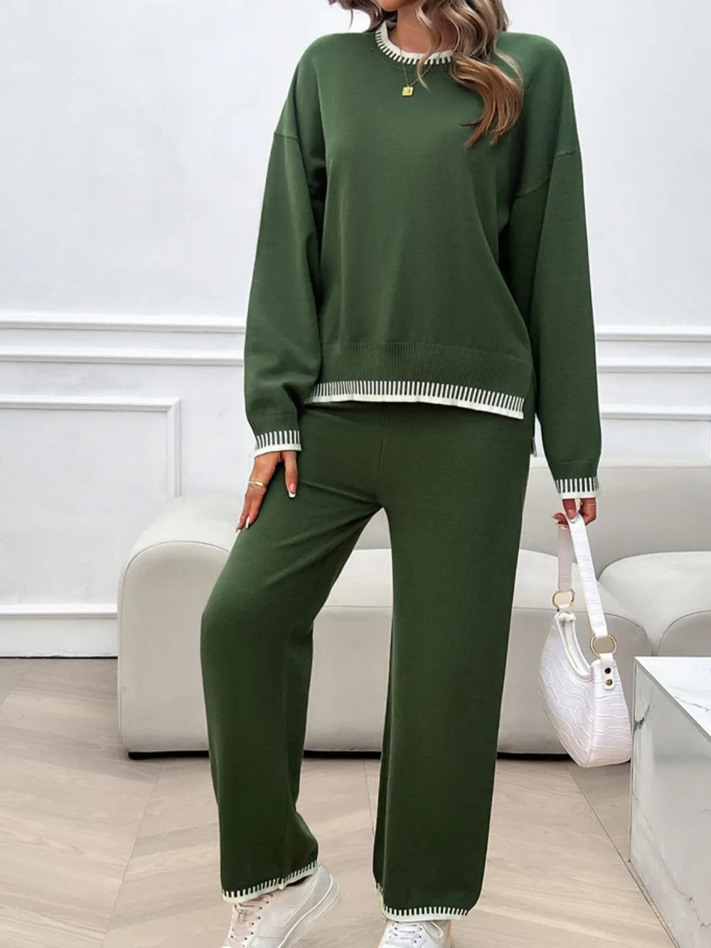 Round Neck Dropped Shoulder Top Pants Sweater Set (12)