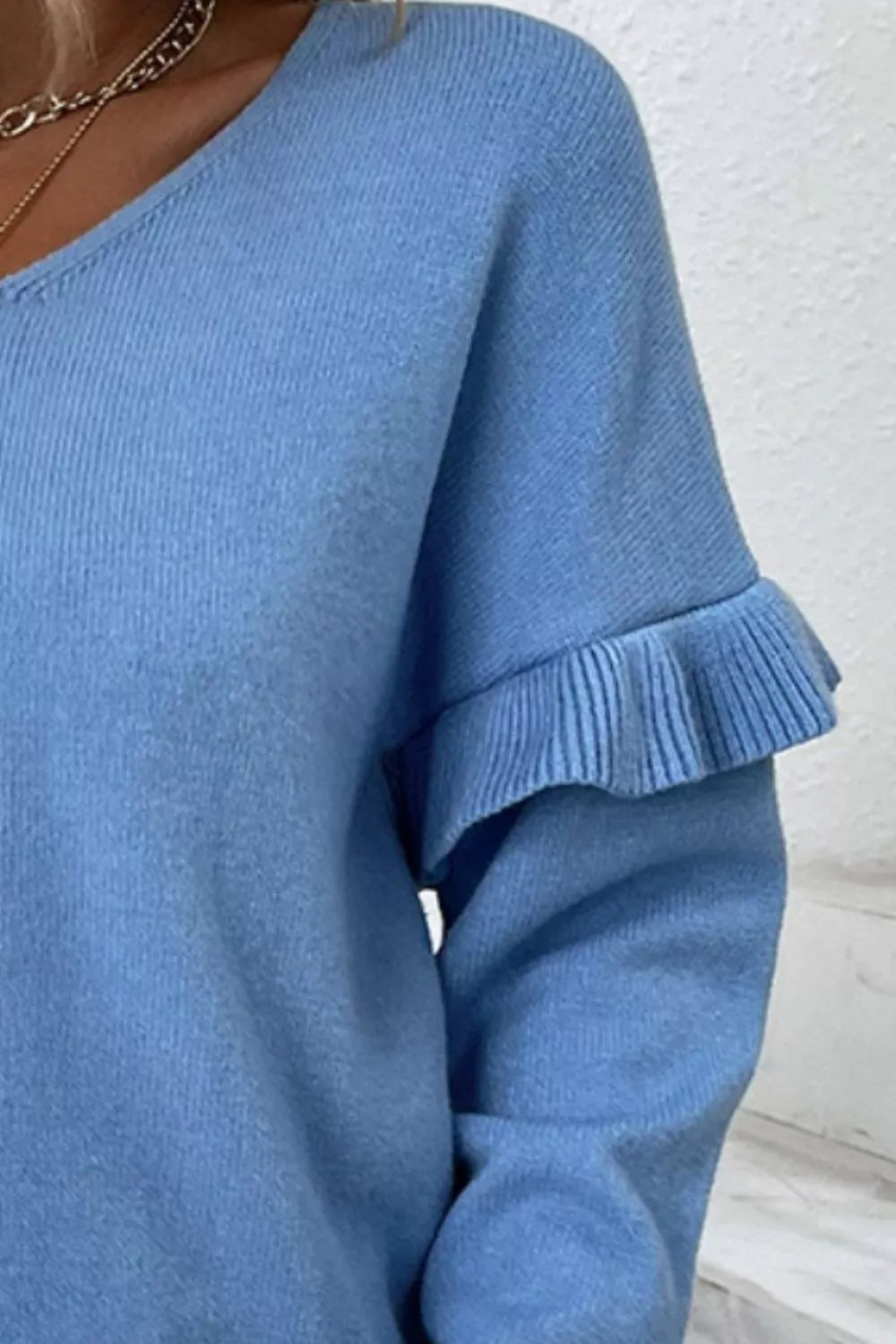 V-neck Ruffle Trim Long Sleeve Sweater (2)