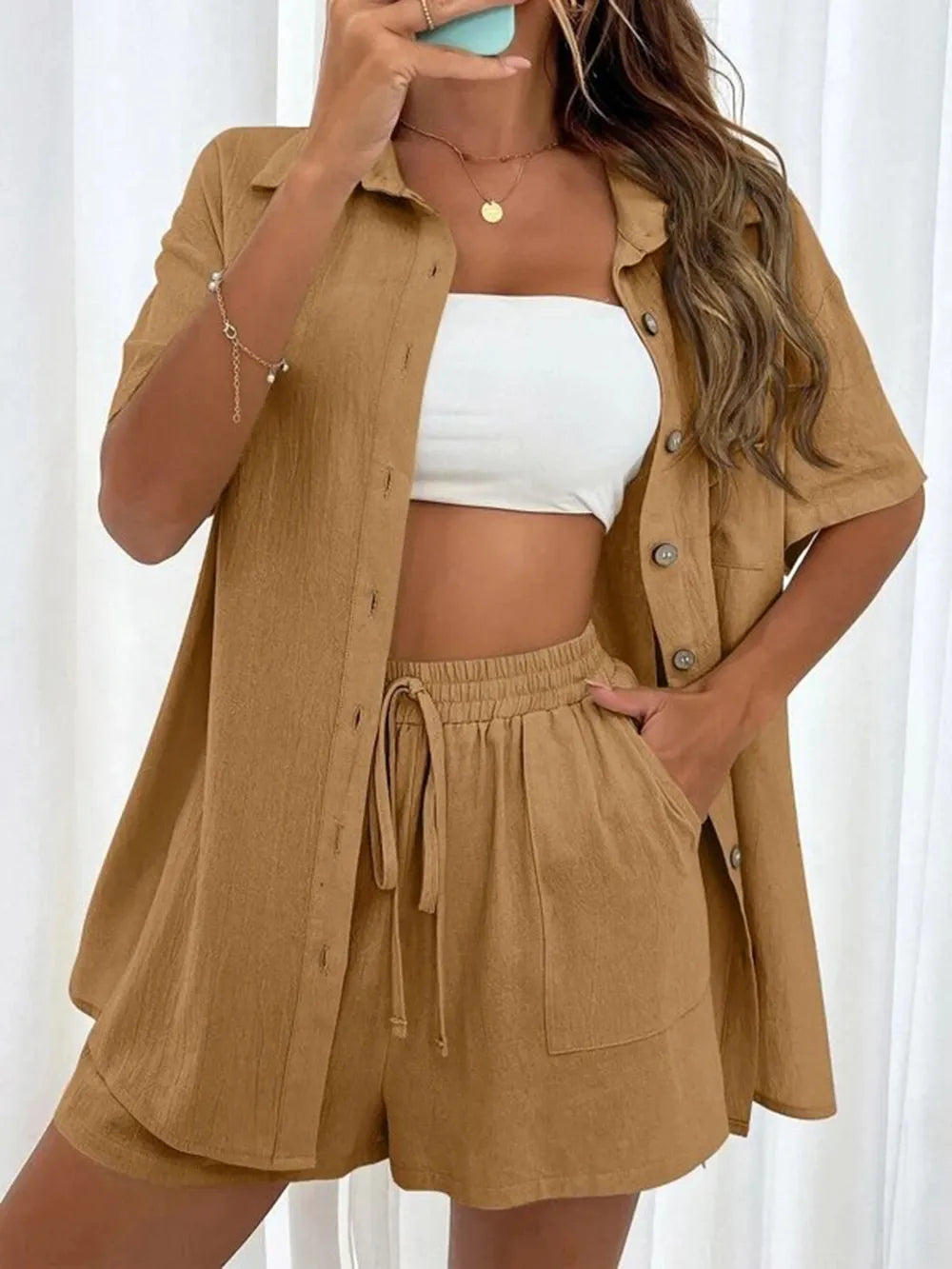 Button Up Shirt Drawstring Shorts Set (8)