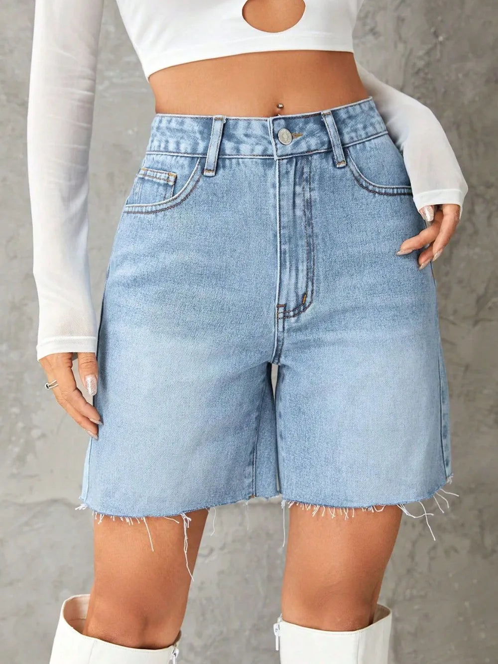 Frayed Hem Denim Shorts (7)