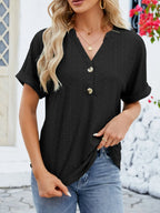 Eyelet Notched Short Sleeve Blouse (8)