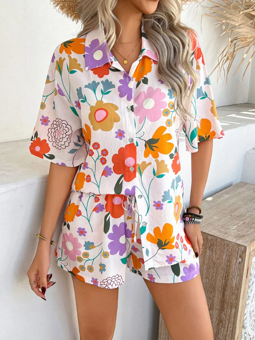 Printed Button Down Shirt Shorts Set (8)