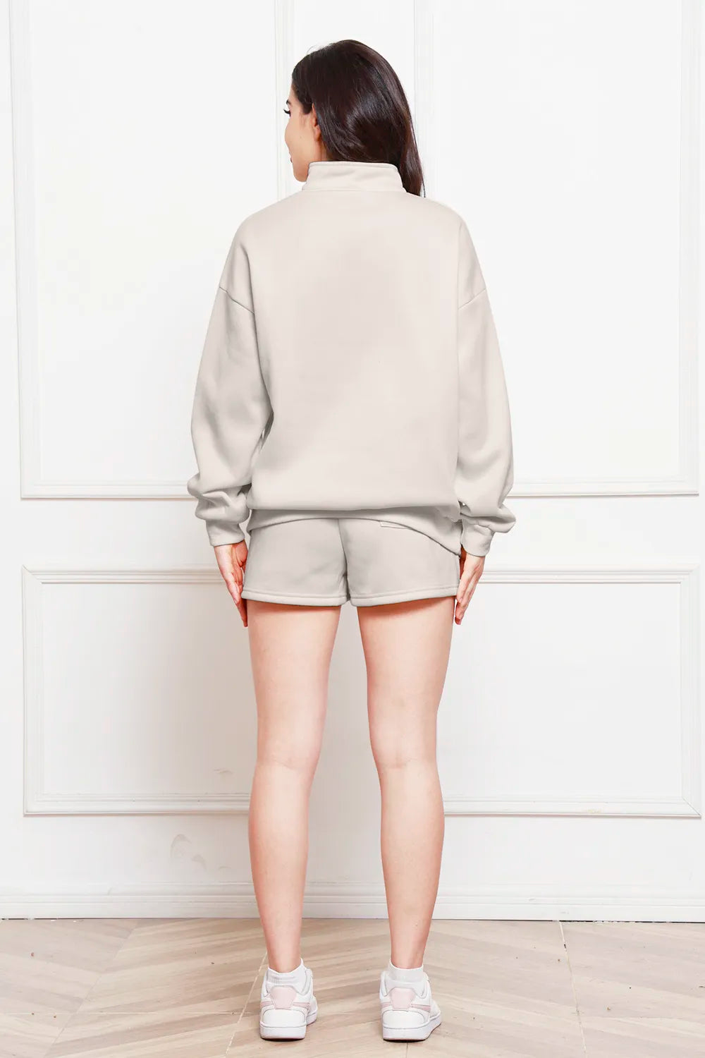 Half Zip Long Sleeve Sweatshirt Drawstring Shorts Set (18)