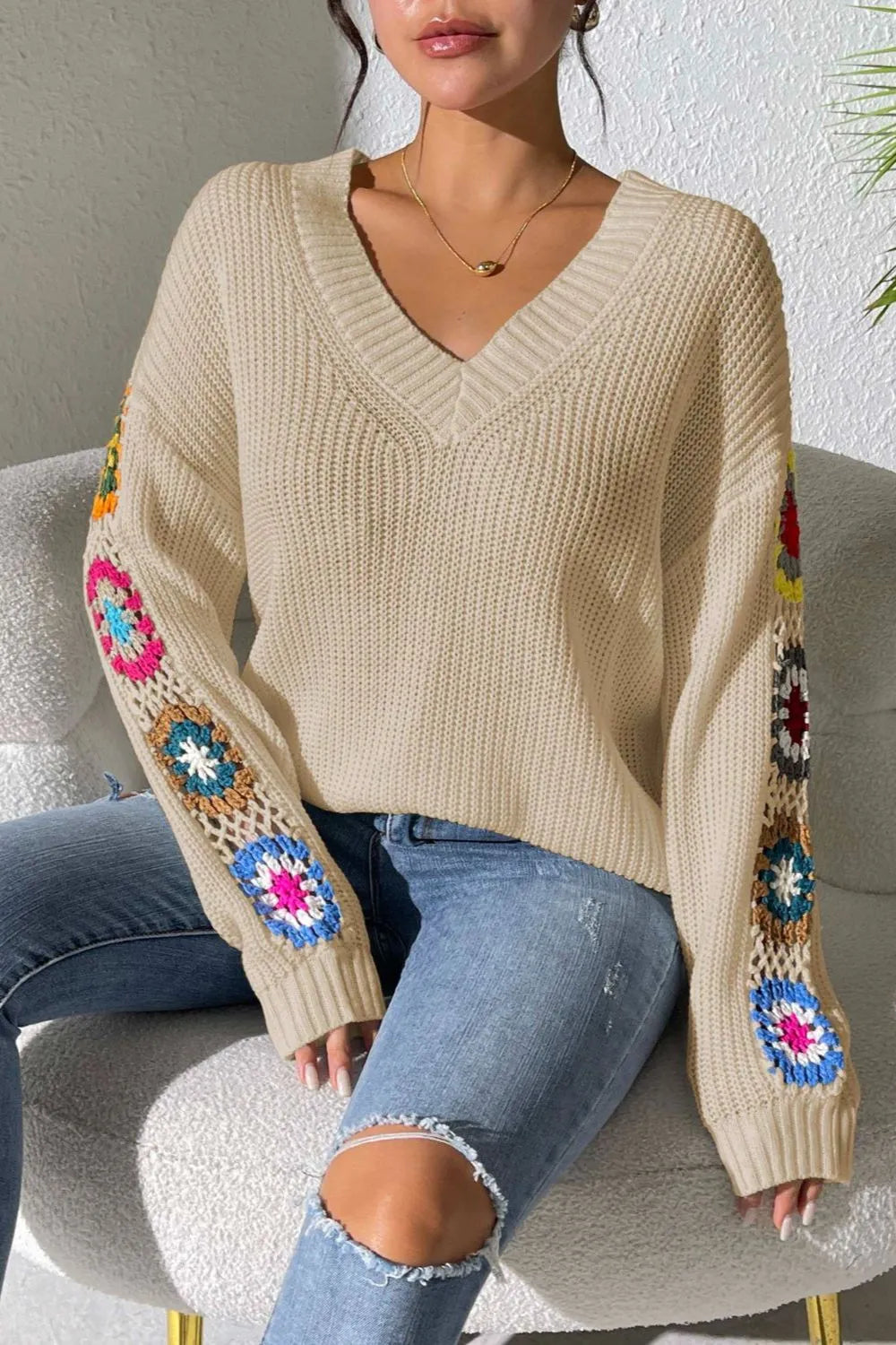 Crochet Flower V-neck Sweater (15)