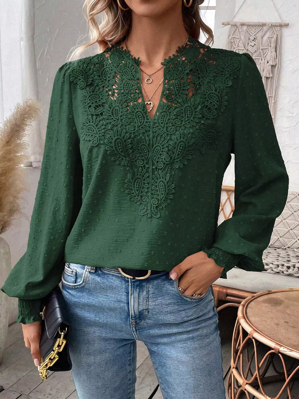 Swiss Dot Lace Detail Long Sleeve Blouse (26)