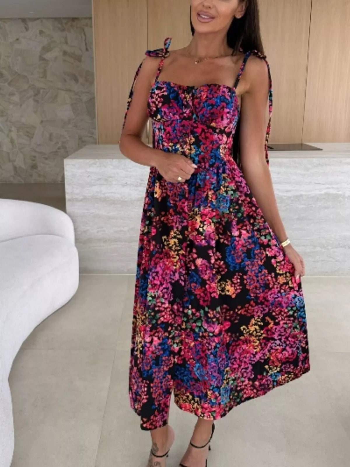 Printed Tie-strap Midi Dress (2)