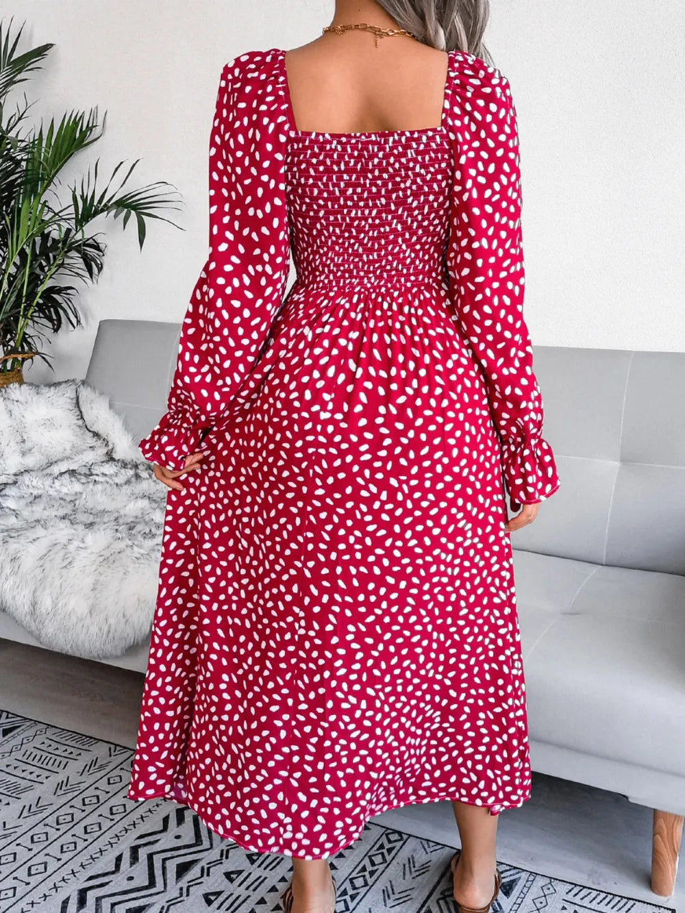 Smocked Square Neck Flounce Sleeve Dress (7)