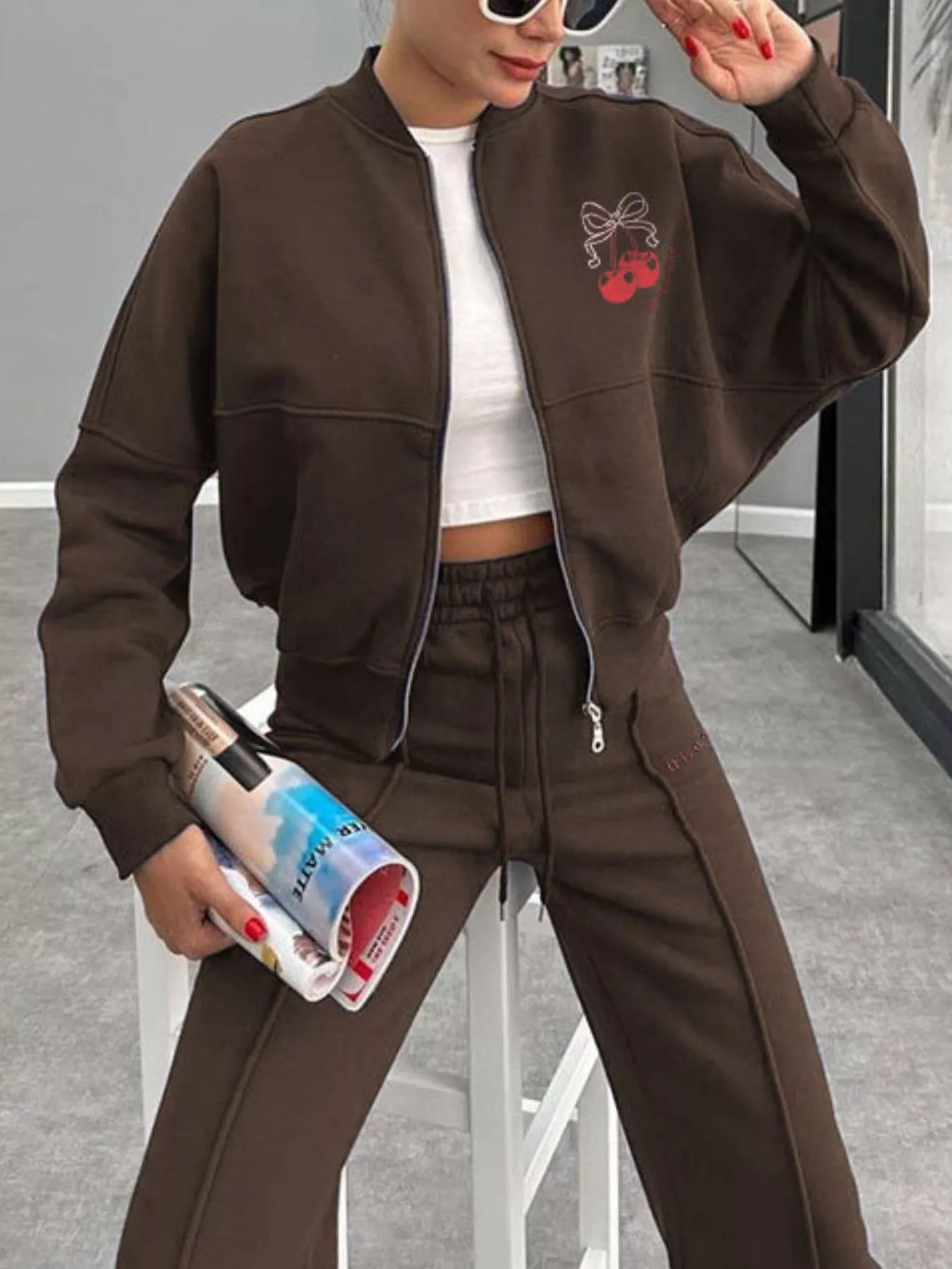 Zip Up Dropped Shoulder Outerwear Pants Set (21)