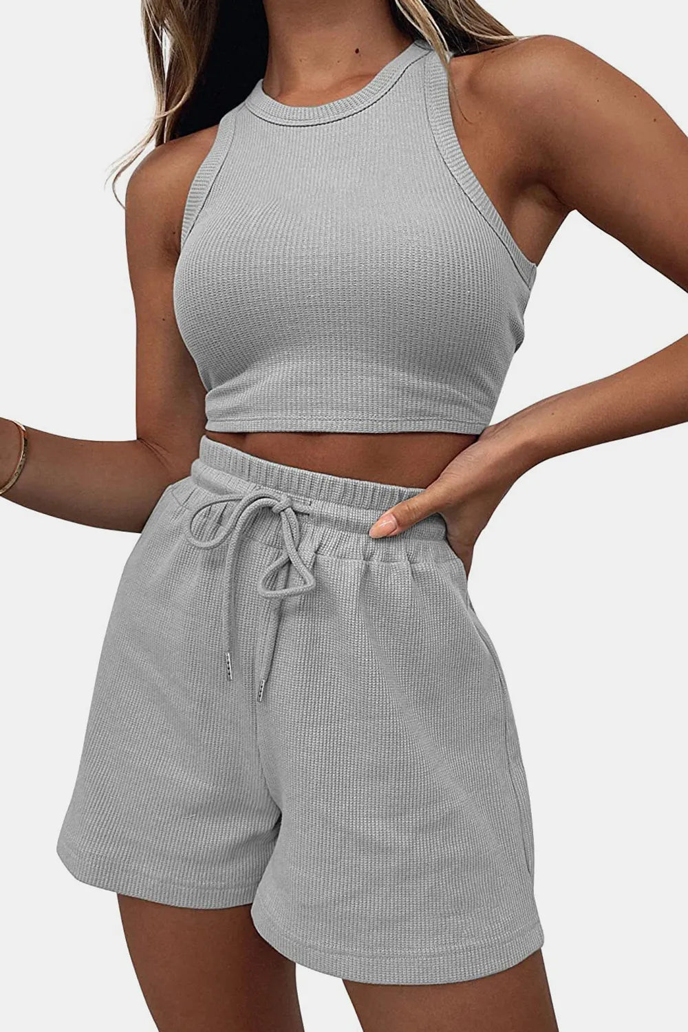 Round Neck Top Drawstring Shorts Set (22)