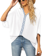 Oversized Contrast V-neck Half Sleeve Blouse (3)