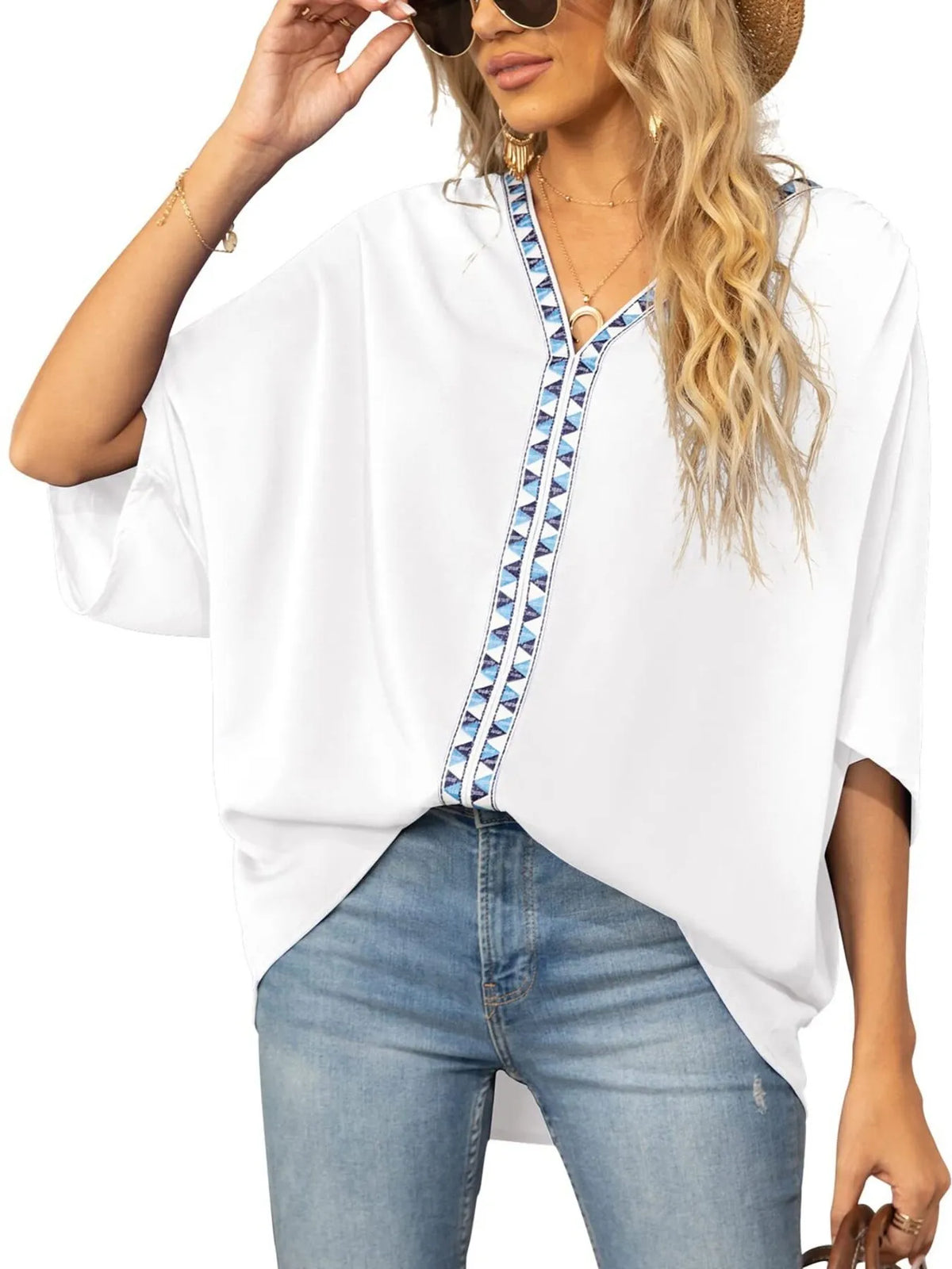 Oversized Contrast V-neck Half Sleeve Blouse (3)