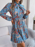 Pleated Printed Tie Neck Long Sleeve Dress (13)