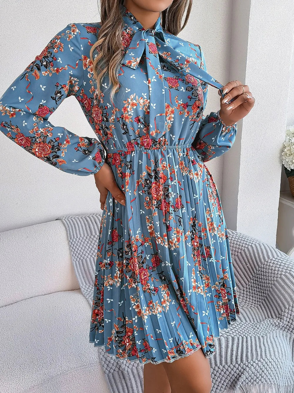 Pleated Printed Tie Neck Long Sleeve Dress (13)