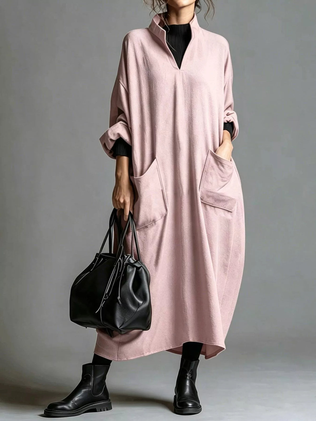 Full Size Loose-fit Mock Neck Midi Dress Pockets Plus (29)
