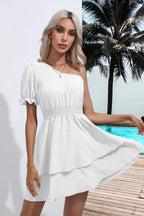 Layered Single Shoulder Flounce Sleeve Mini Dress (8)