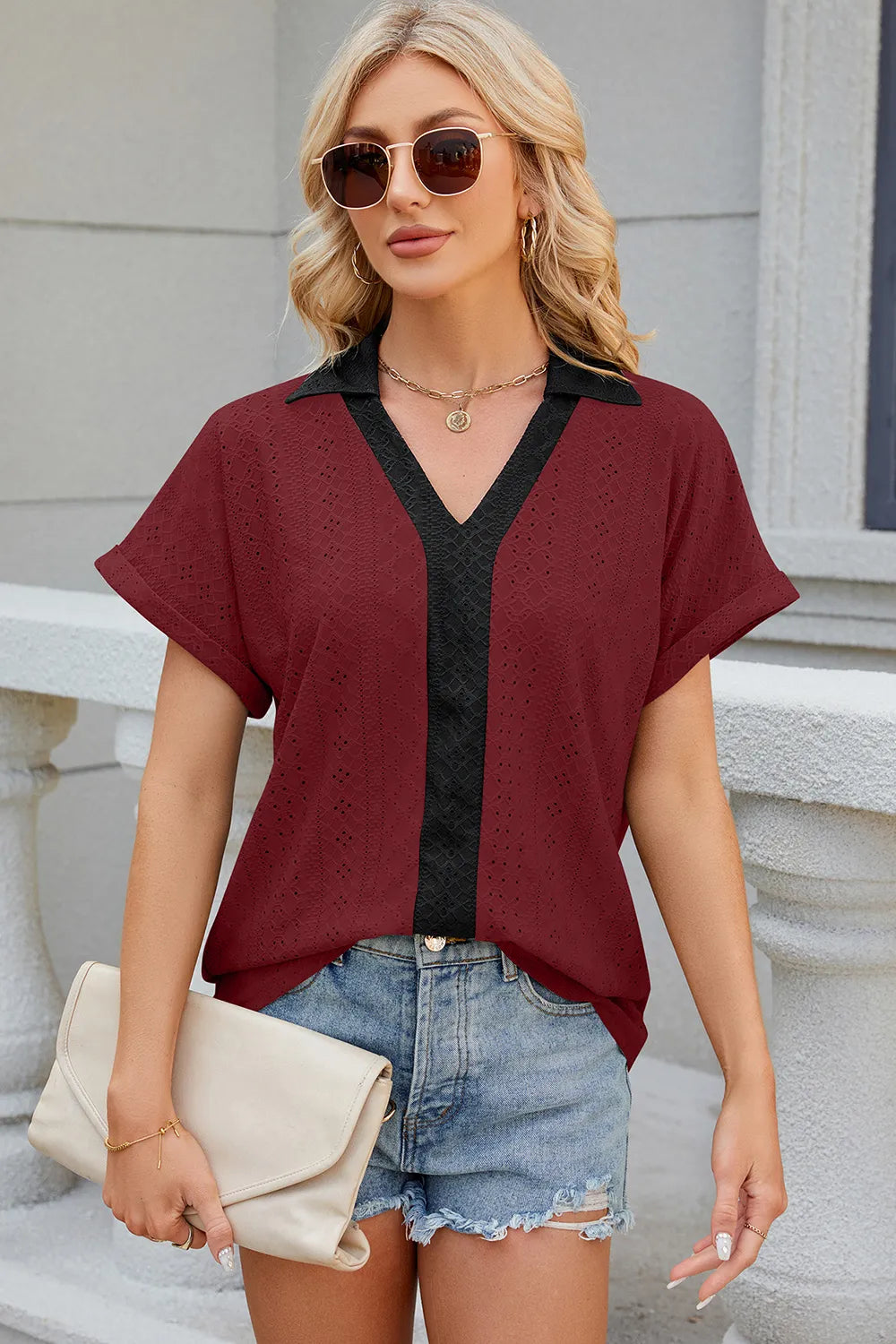 Eyelet Johnny Collar Short Sleeve T-shirt (23)