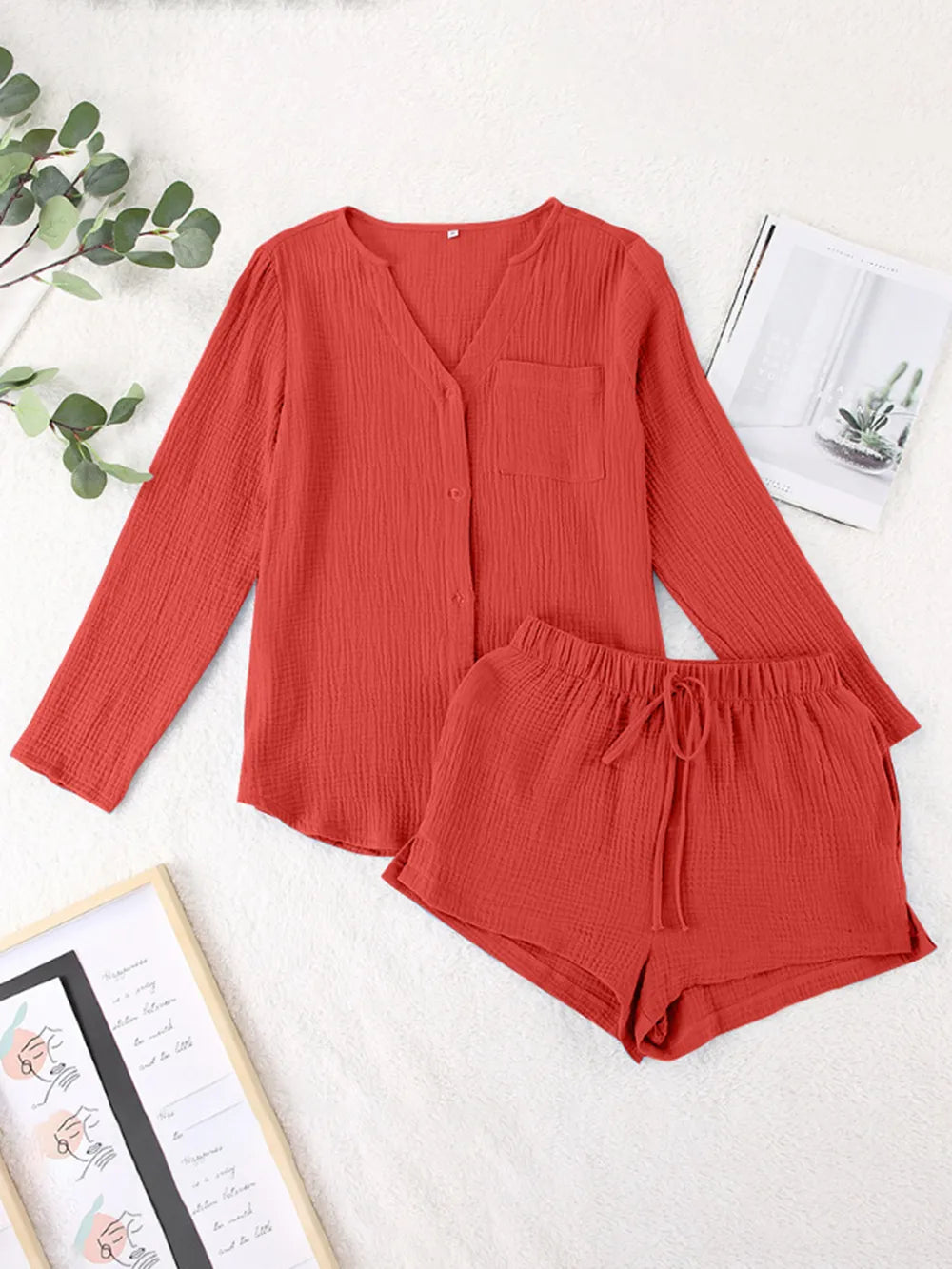 Notched Long Sleeve Top Shorts Set (15)