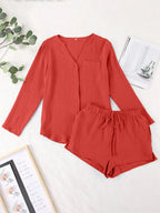 Notched Long Sleeve Top Shorts Set (15)