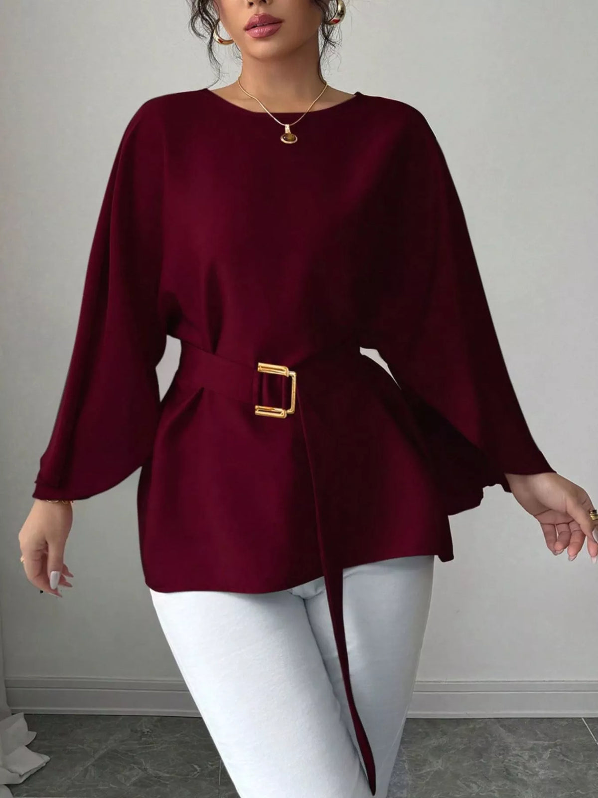 Batwing Sleeve Belted Blouse (23)
