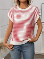 Striped Round Neck Short Sleeve Knit Top (15)