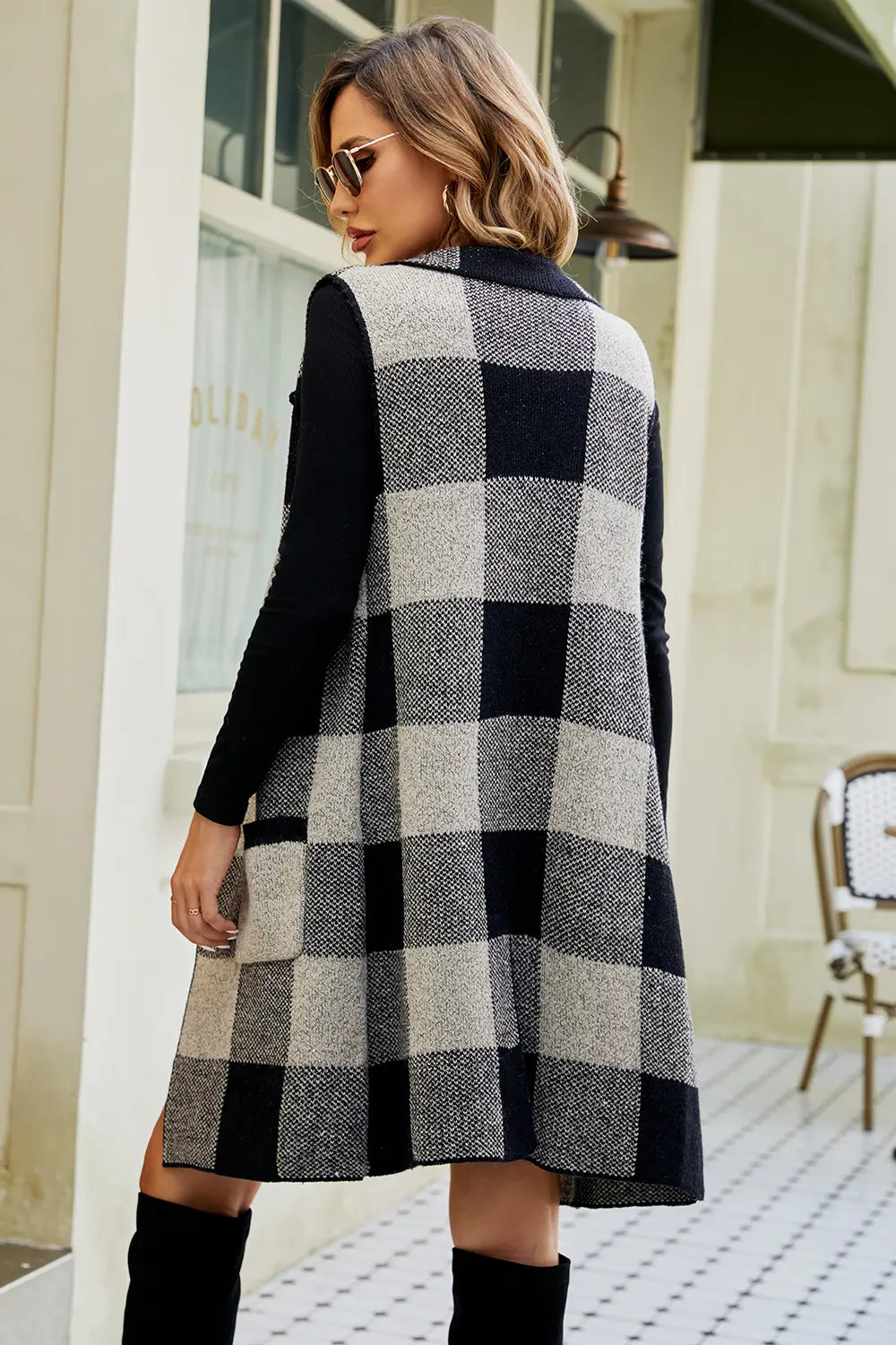 Plaid Open Front Sleeveless Cardigan Pockets (2)