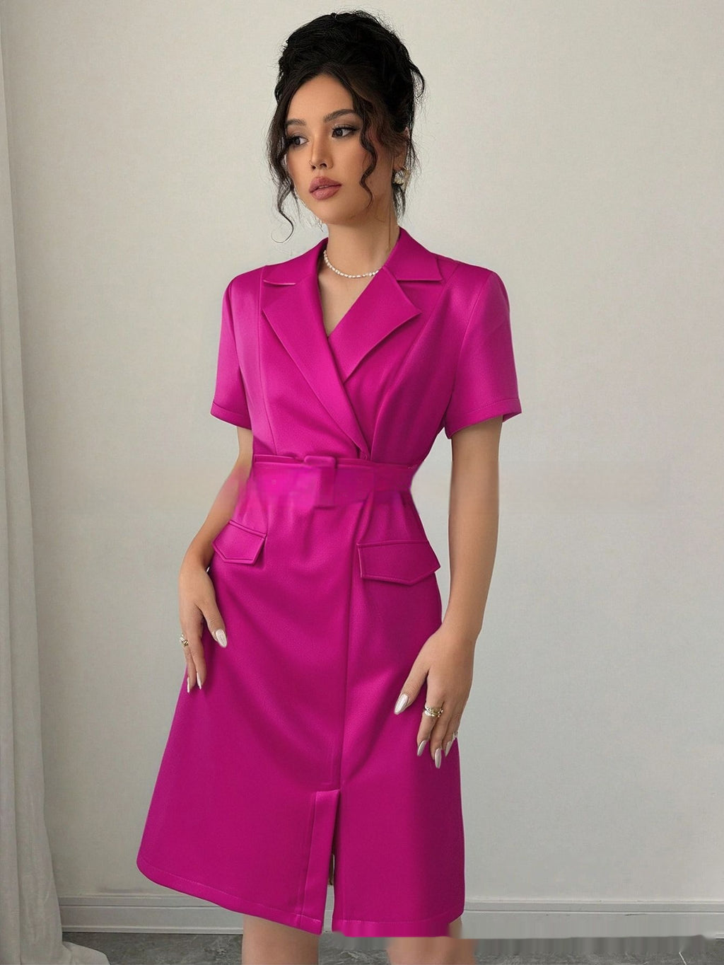 Summer Solid Color Elegant Short Sleeve Shirt Dress photo 2
