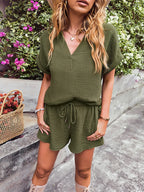 Notched Short Sleeve Top Shorts Set (3)