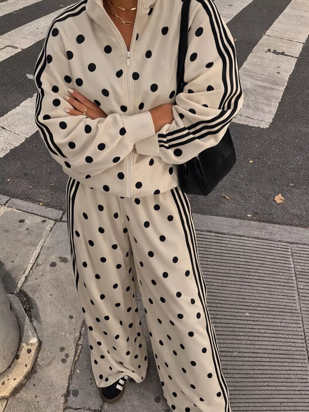 Polka Dot Side Striped Outerwear Pants Set (16)