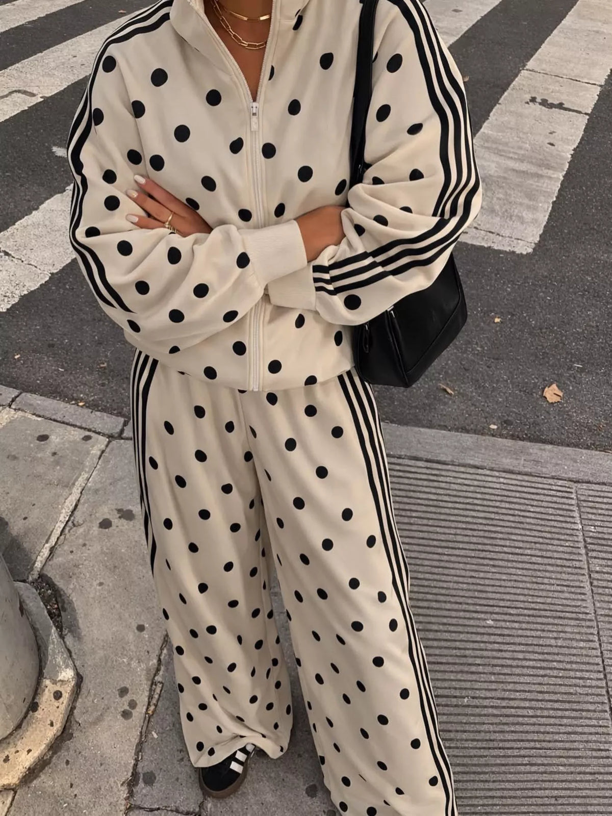 Polka Dot Side Striped Outerwear Pants Set (16)
