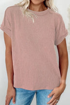Casual Ribbed Short Sleeve Round Neck T-shirt (26)