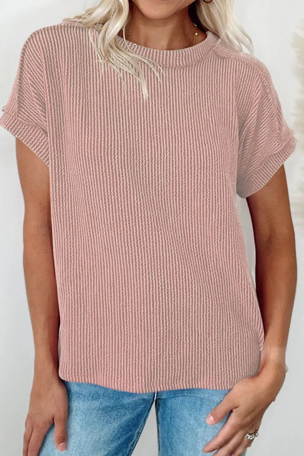 Casual Ribbed Short Sleeve Round Neck T-shirt (26)